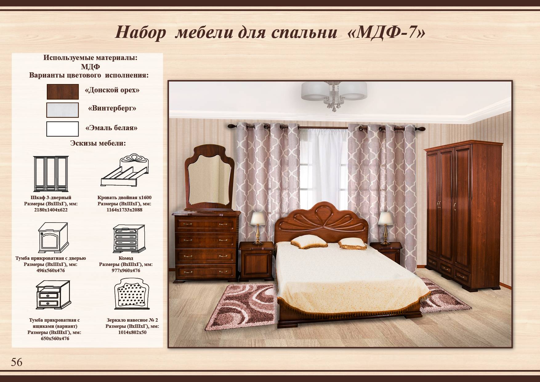 Спальня МДФ 7я из Тамбова по модулям: шкаф, кровать, комод, зеркало, тумбочки